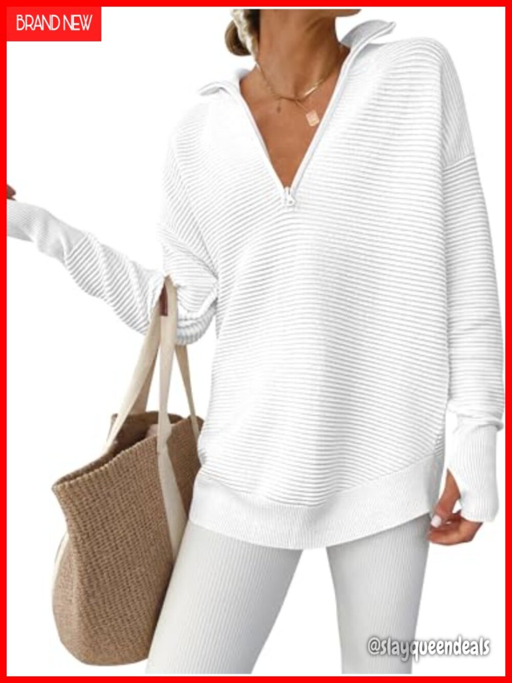 Women's Loose Fit V Neck Quarter Zip Long Sleeve Sweater Pullover